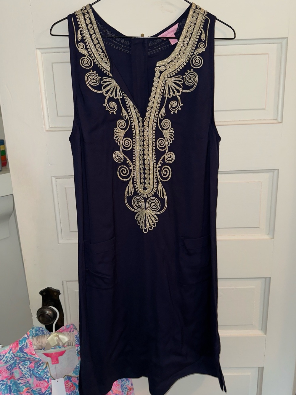 Lilly Pulitzer Carlotta Stretch Shift Dress Navy Sz 10 Embroidered Gold Pockets